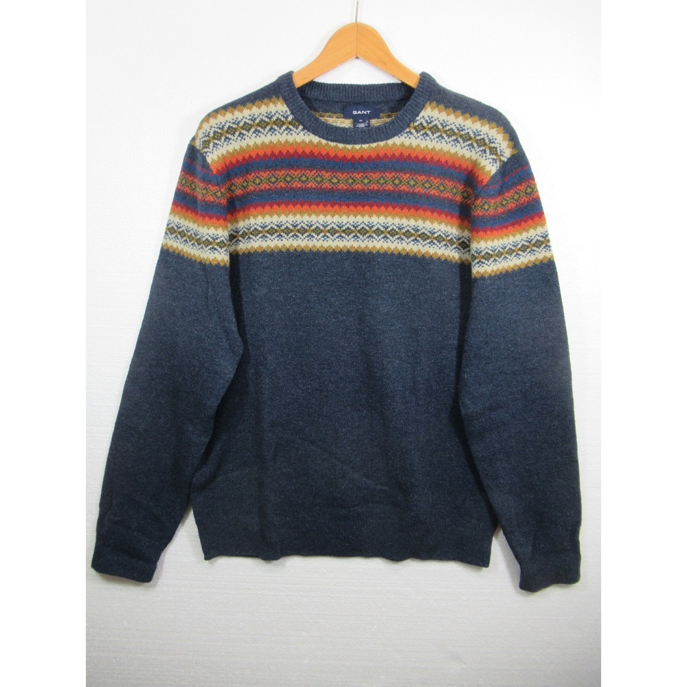 Gant Lambswool Fair Isle Crewneck Sweater Men XL Blue Wool Lightweight